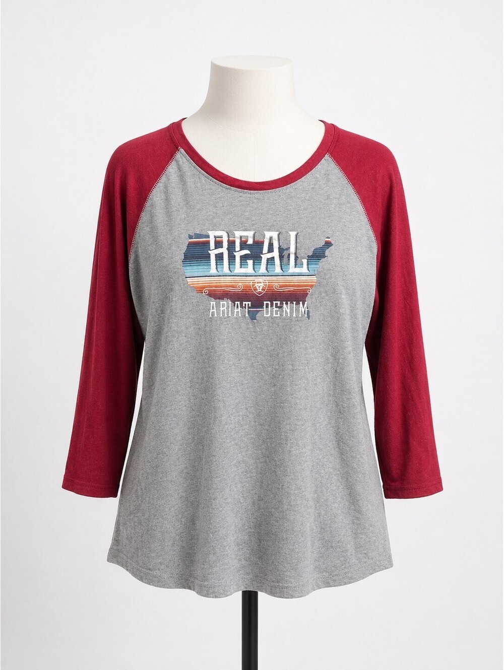 Ariat REAL Denim Women’s Raglan Baseball Tee Gray Red 3/4 Sleeve‎ Graphic Shirt